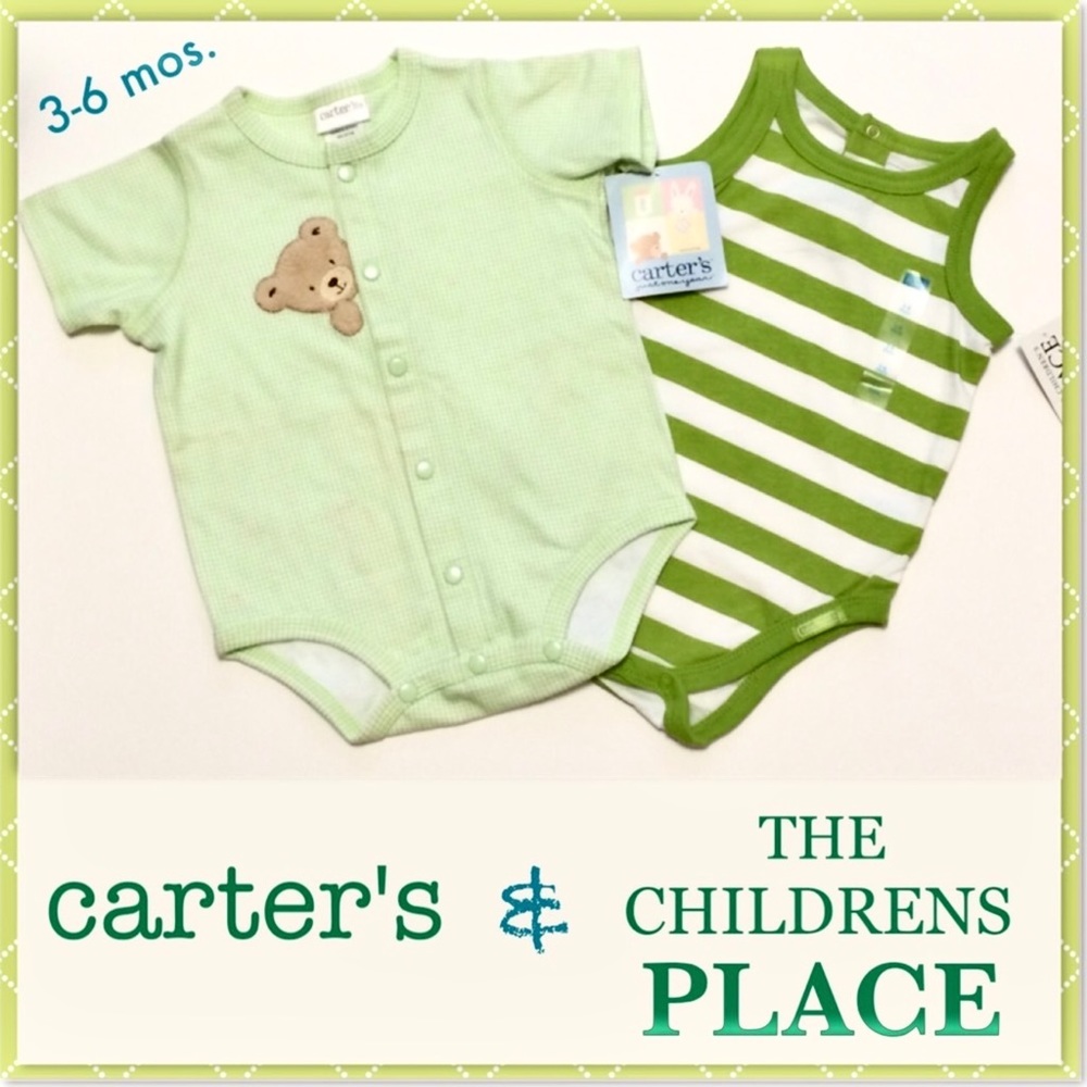 🆕 Green & White Gingham Tan Teddybear Patch & Striped Onesies 3-6mos NWT